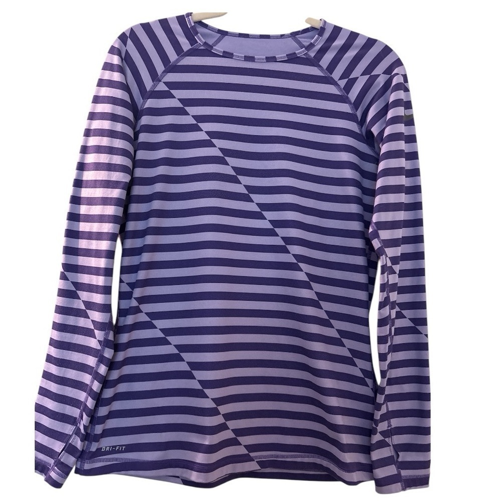 NIKE PRO DRI FIT top, long sleeves, lined, purple stripes size Large. Workout.